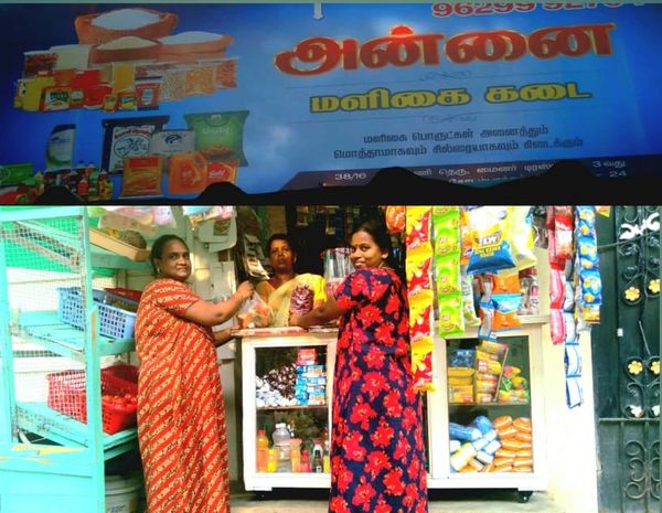 Annai Indra SHG member Mrs.Jothi and Mrs.Usha runs grocery shop.